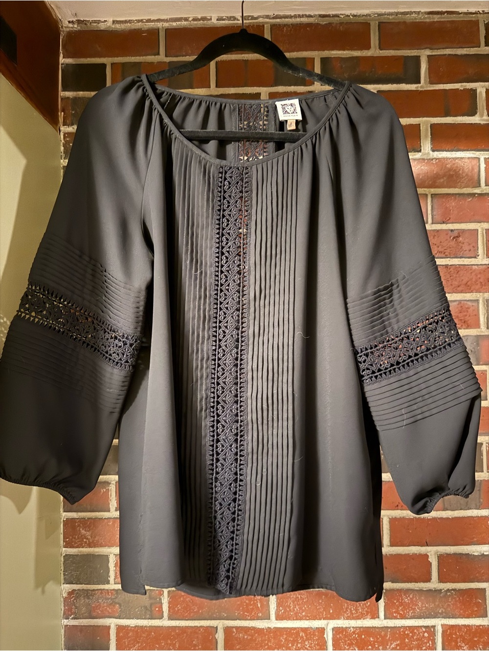 Anne Klein Black Pintuck Blouse with Lace Panels
